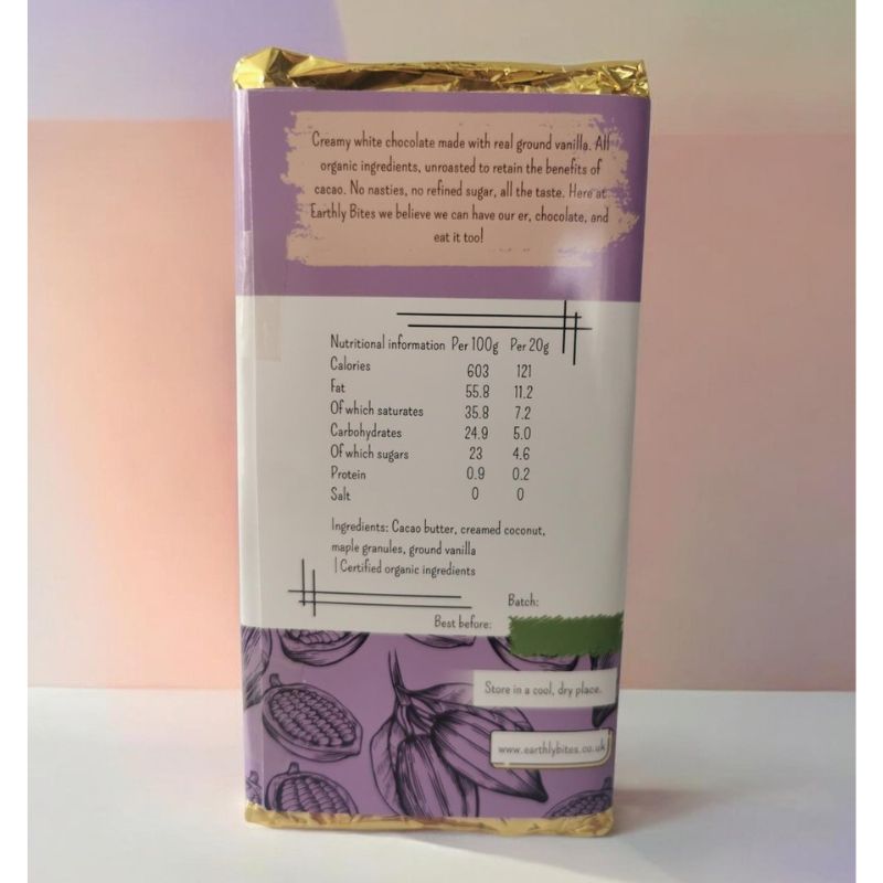 Earthly Bites Vanilla & Coconut Organic White Chocolate 80g