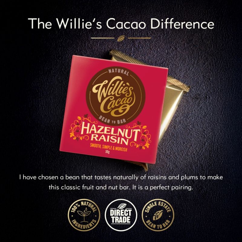 Willie's Cacao Hazelnut Raisin Dark Chocolate Bar 50g